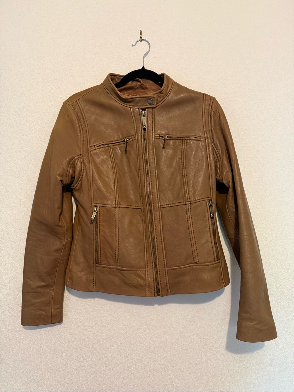 Michael Kors Cognac Brown Leather Moto Zip Jacket, Medium
